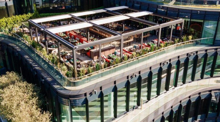 Aerial View of Retractable Pergolas for Los Mochis Terrace Bar - Shade-Space