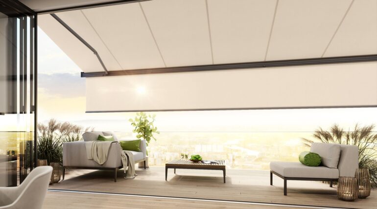 Interior View Of An Extended MX970 Awning With Beige Fabric Cover - Shade-Space