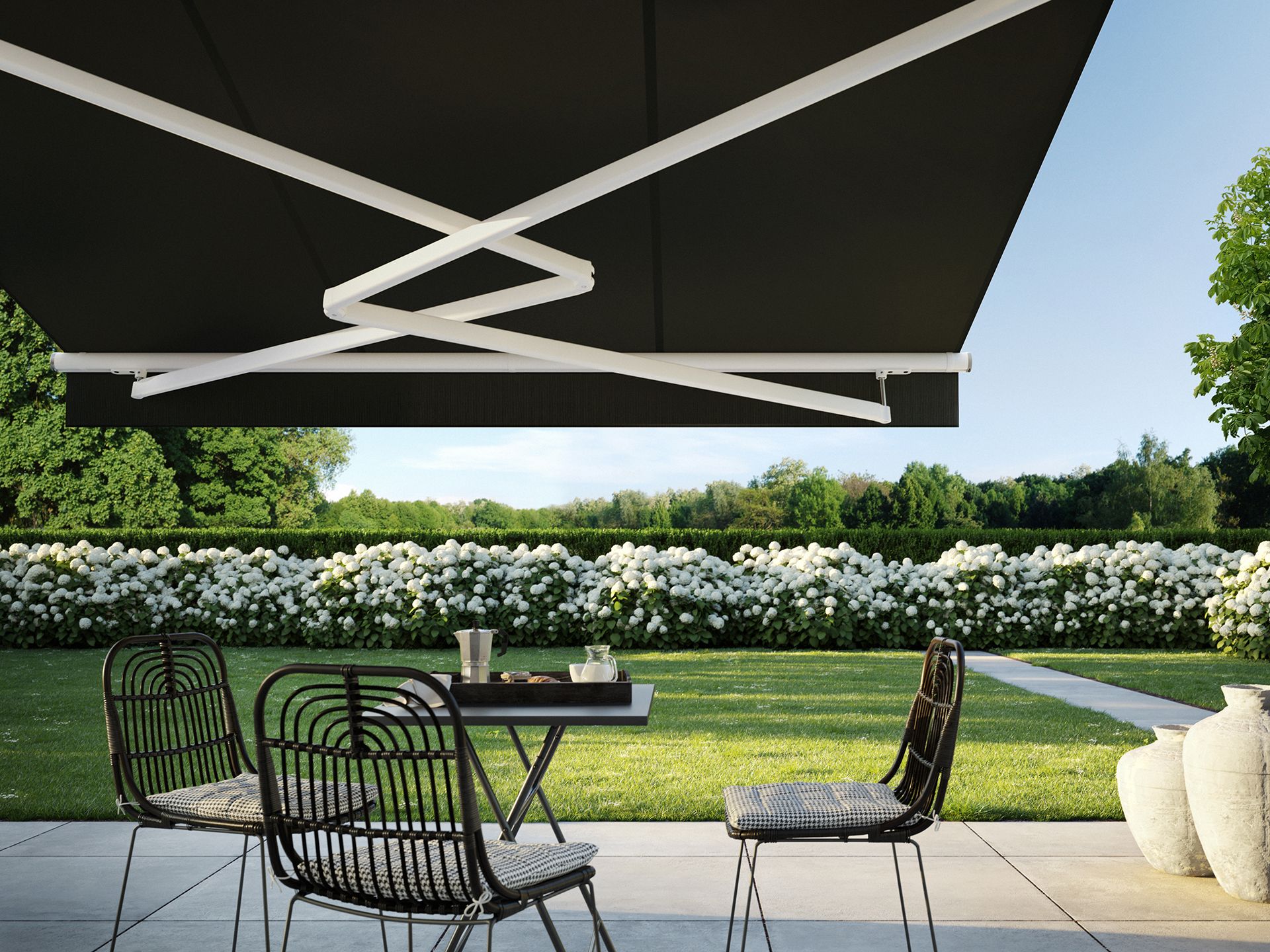 Markilux 1700 Stretch Awning Covering A Breakfast Table - Shade-Space