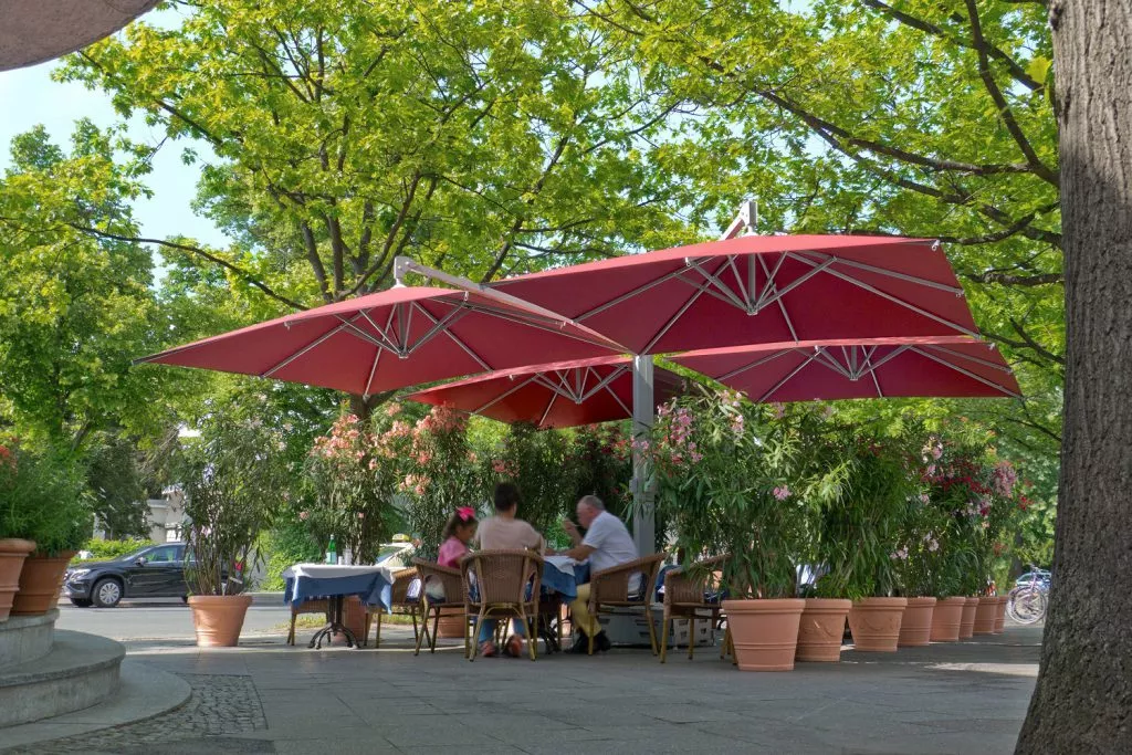 Red Coloured Amalfi Quadro Umbrellas & Parasols For Restaurant Dinning - Shade-Space