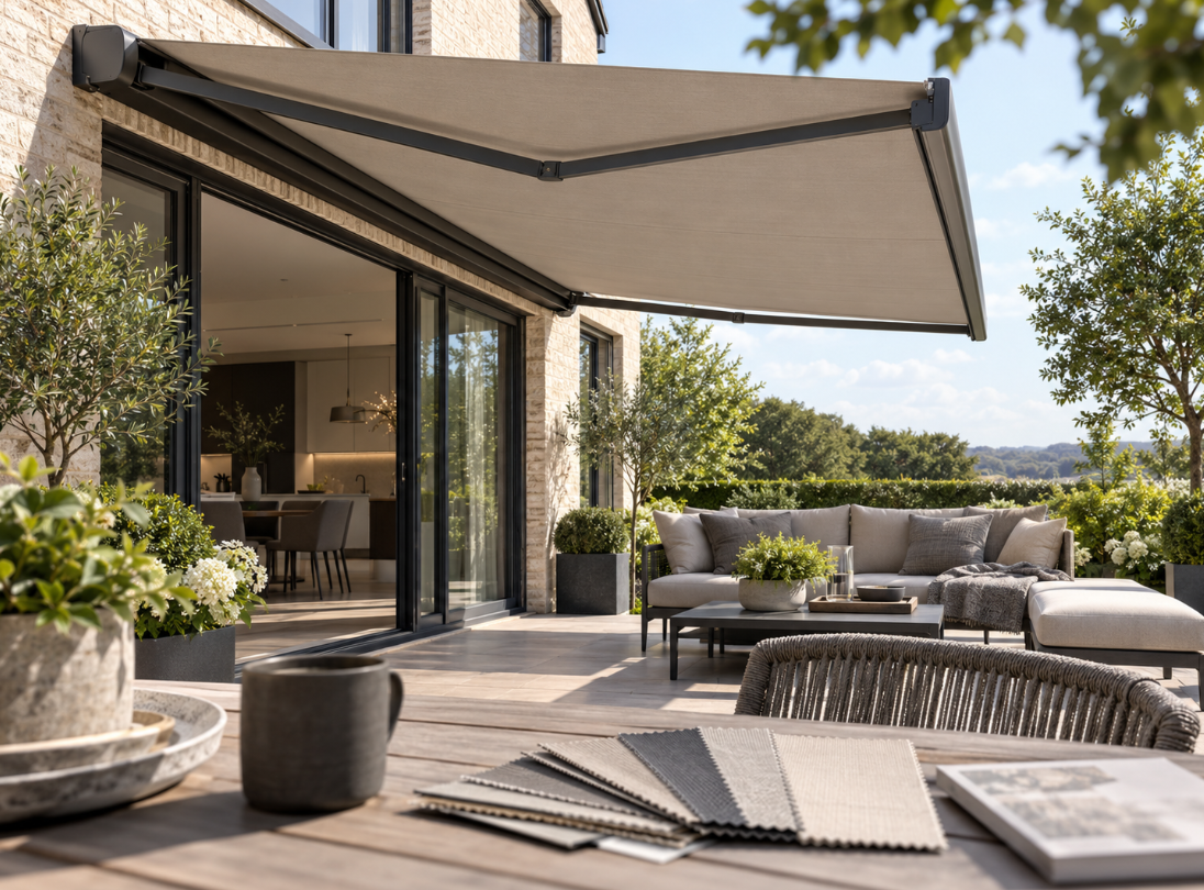 A premium modern UK home with a grey retractable awning extended over a stone patio and bifold doors.