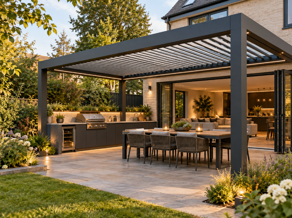 Contemporary dark aluminium louvre roof pergola sheltering a built-in outdoor kitchen and dining area in a modern UK garden.