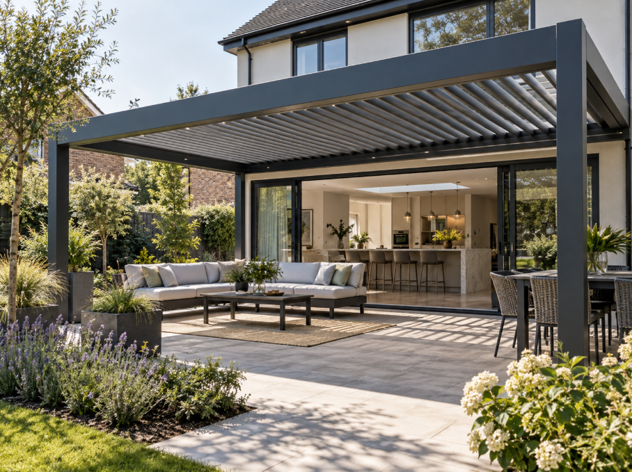Modern retractable pergola over bifold doors allowing natural light into a contemporary living room.