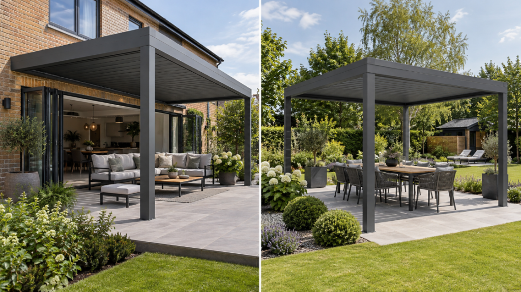 Split comparison of a wall mounted aluminium pergola outside bifold doors and a freestanding louvre pergola in a modern UK garden.