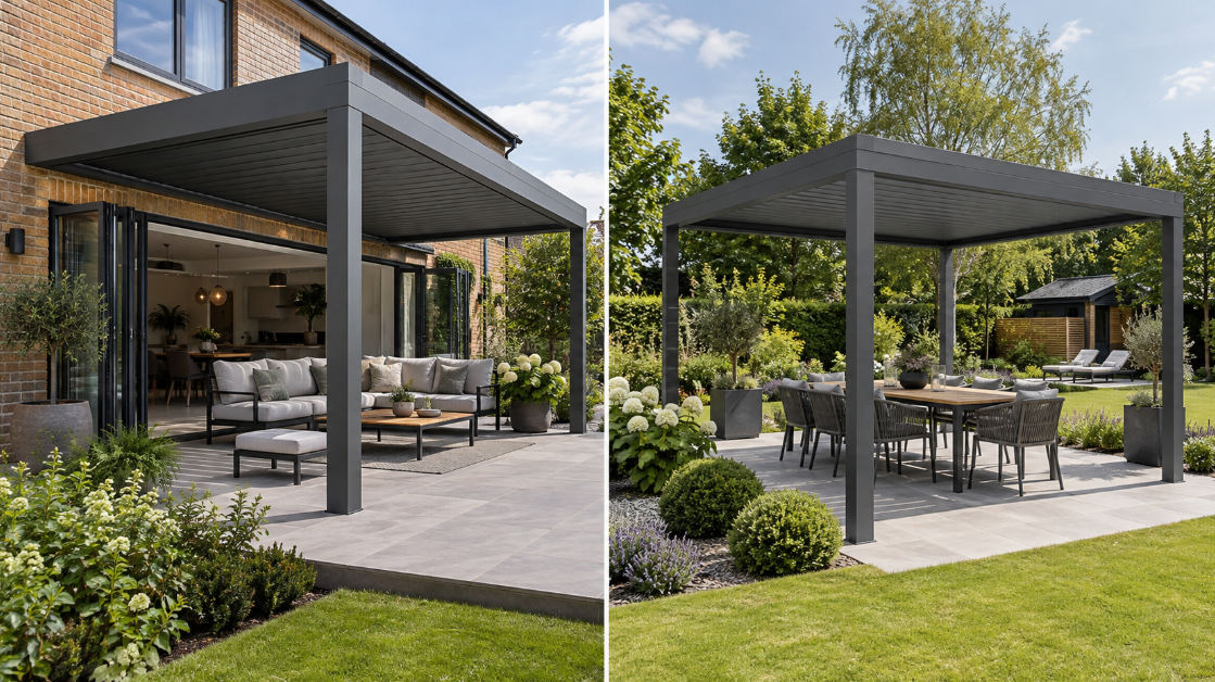 Split comparison of a wall mounted aluminium pergola outside bifold doors and a freestanding louvre pergola in a modern UK garden.
