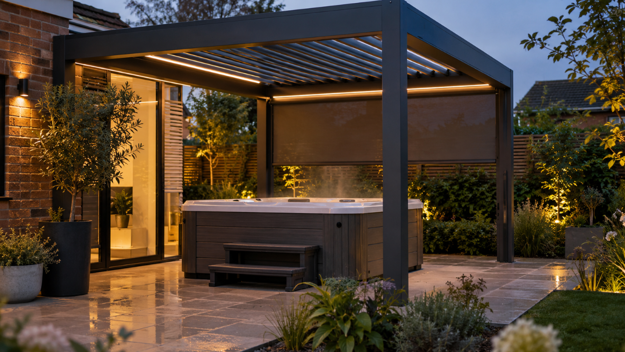 Contemporary dark charcoal aluminium louvre roof pergola positioned over a modern built-in hot tub in a UK garden during evening blue hour.