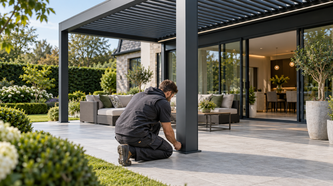 Professional installer inspecting an aluminium pergola post anchored onto a modern porcelain patio.