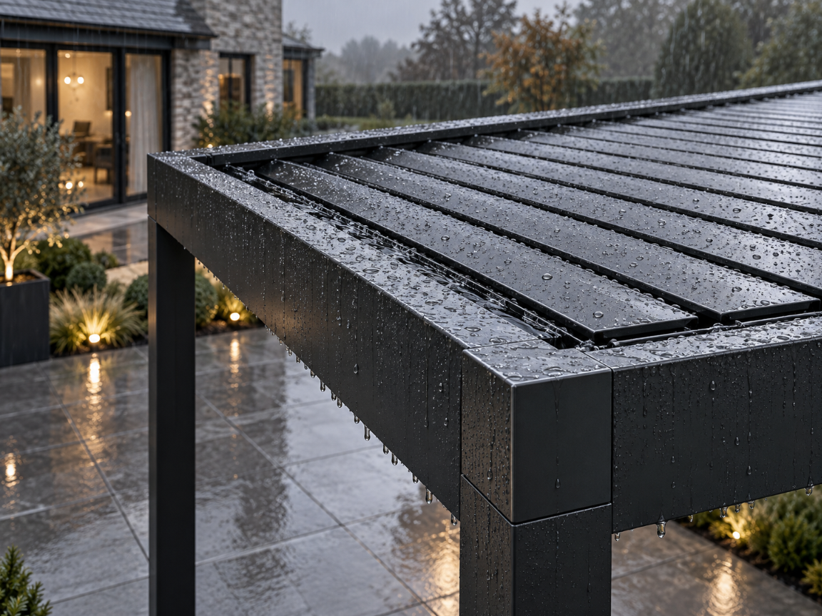 Charcoal aluminium louvre roof pergola with closed blades catching rain droplets during an overcast day